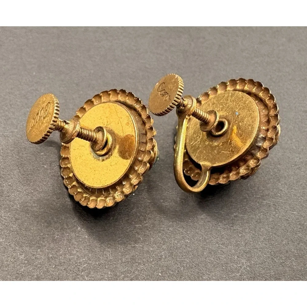 Vintage Coro‎ Aquamarine Blue Rhinestone Floral Gold Tone Screw Back Earrings